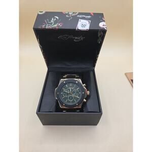 Ed Hardy Gold Tone Chronograph Watch New In Box With Green Dial